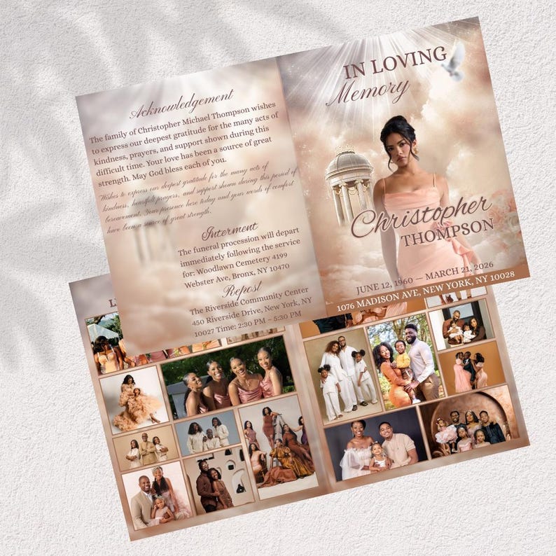 Puede incluir: Un programa conmemorativo con un dise&ntilde;o en tonos sepia. La portada presenta el texto "In Loving Memory" y el nombre "Christopher Thompson". En el interior, hay fotos familiares y texto, incluyendo un agradecimiento y detalles del servicio.