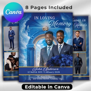 Puede incluir: Una plantilla conmemorativa con un diseño azul y blanco, con el texto "In Loving Memory" y "John Anderson". La plantilla incluye fotos y está etiquetada como "Editable in Canva" y "8 Pages Included".