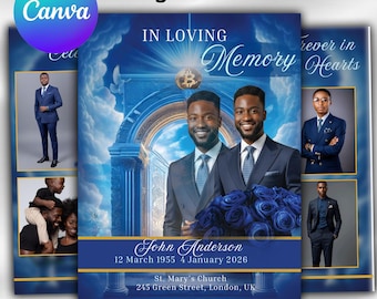 Puede incluir: Una plantilla conmemorativa con un diseño azul y blanco, con el texto "In Loving Memory" y "John Anderson". La plantilla incluye fotos y está etiquetada como "Editable in Canva" y "8 Pages Included".