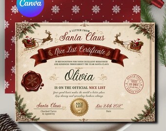Editable Santa Nice List Certificate Template, Personalized Christmas Nice List Award, Printable Letter From Santa, Kids Christmas Keepsake