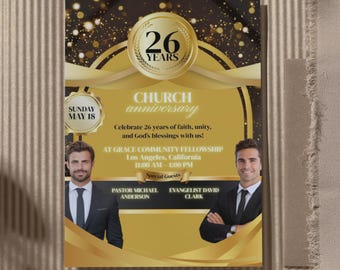 Folleto de aniversario de la Iglesia Gold, programa de agradecimiento al pastor, folleto de culto dominical, invitación de aniversario, folleto para redes sociales, descarga instantánea