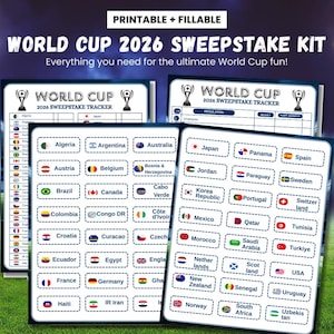 Op de afbeelding: Een printbare en invulbare World Cup 2026 sweepstake kit met meerdere pagina's met lijsten van landen, hun nationale vlaggen en volgtabellen. De documenten bevatten de tekst World Cup 2026 Sweepstake Kit en World Cup 2026 Sweepstake Tracker.