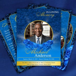 May include: A set of memorial cards with a blue floral pattern. The cards display a portrait of a man, the words "In Loving Memory," and the name "Michael Anderson." The cards also include dates and location details.