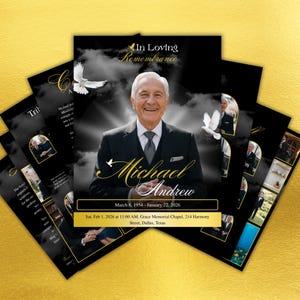 May include: A collection of memorial cards with a black and gold design. The cards feature a portrait of a smiling man, the text "In Loving Remembrance," and the name "Michael Andrew." Additional text includes dates and a location.