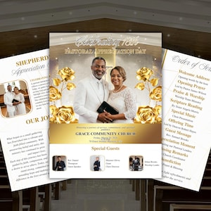 May include: A flyer for the 18th Pastoral Appreciation Day, featuring a couple in formal attire. Gold roses and text reading "Grace Community Church" are prominent. The flyer includes the date, special guests, and an order of service.
