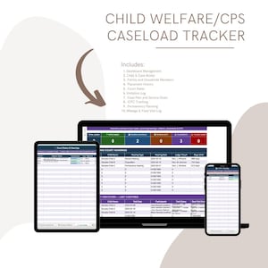 May include: A digital child welfare/CPS caseload tracker displayed on a laptop, tablet, and smartphone. The screen shows data related to court hearings, visitation, and case management. The text includes a list of features such as dashboard management and permanency planning.