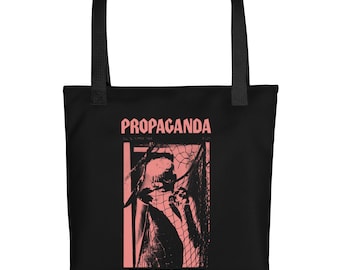 Borsa tote con icona statica, borsa tote con stampa gotica all-over, borsa alla moda post-punk, borsa tote color pesca nera, borsa artistica alternativa, estetica darkwave