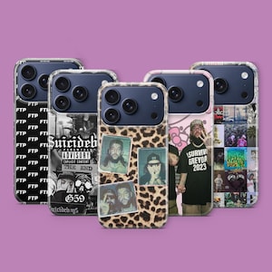 May include: A collection of five phone cases with various designs. One case features a leopard print, while others display band-related graphics, including the text "Suicideboys" and "FTP." The cases are designed to fit a smartphone.