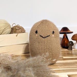 Pode incluir: Um brinquedo de pelúcia marrom tricotado com um rosto sorridente, ao lado de uma caixa de madeira com fios e cogumelos decorativos de vidro. O brinquedo de pelúcia tem olhos pretos e uma boca costurada. Os cogumelos são marrons e brancos.
