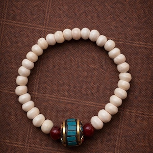 Slim Tibetan-Style Yak Bone Bracelet – Turquoise & Copper Bead Unisex Bracelet