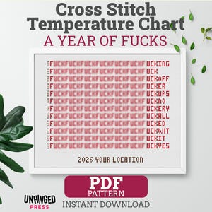 May include: A framed cross-stitch temperature chart with the text "A YEAR OF FUCKS." The chart features a list of profanities in red against a white background. The bottom of the frame includes the text "2026 YOUR LOCATION."