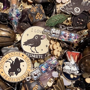 May include: A collection of various trinkets and charms, including a bell, dice, and small glass bottles filled with colorful confetti. Several round pins feature text and illustrations, such as a raven with a gem and the phrase "I Love Trinkets."
