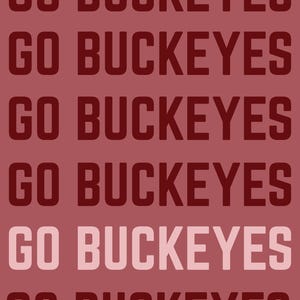 May include: A rectangular graphic print featuring the repeated text GO BUCKEYES in a bold, sans-serif font. The text appears in five rows of dark maroon and one row of light pink, all set against a solid, muted rose-coloured background.