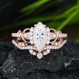 Marquise Cut Moissanite Engagement Ring Women 14K Rose Gold Twist Infinity Pave Diamond Bridal Set Stacking Curved Wedding Band Promise Gift