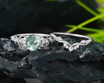 Conjunto de anillos de compromiso redondos de ágata musgosa para mujer, oro blanco de 14 quilates, anillo nupcial retorcido con infinito, alianza de boda curva apilable de estilo vintage, regalo de promesa.