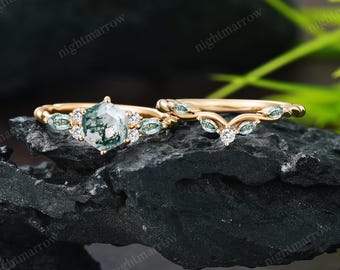 Zeshoek geslepen mosagaat verlovingsring set vrouwen massief 10K geel goud gedraaide bruids belofte ring stapel curve trouwring verjaardag cadeau