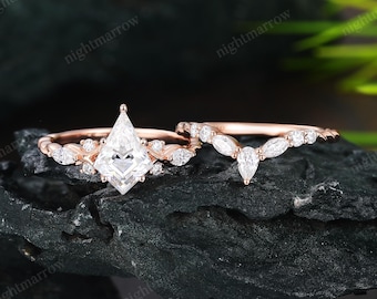 Zestaw pierścionków zaręczynowych z moissanitem w kształcie latawca, damski, 10-karatowe różowe złoto, pierścionek ślubny z motywem złego oka, styl art déco, układanie, zakrzywiona obrączka ślubna, obietnica, prezent