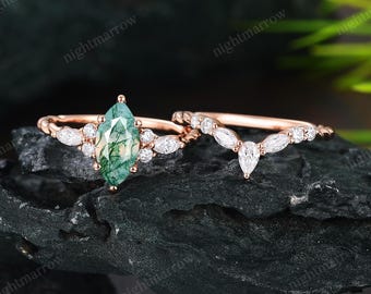 Marquise Cut Moss Agate Engagement Ring Set 10K Rose Gold Evil Eye Pave Moissanite Bridal Ring Stack Curve Wedding Band Promise Gift For Her
