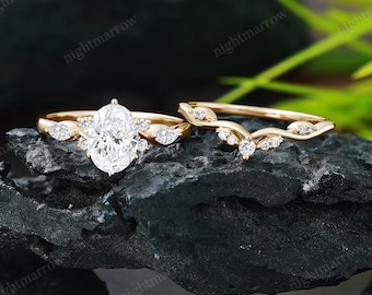 Oval Lab Grown Diamond Engagement Ring Set 14K Yellow Gold Twisted Evil Eye Ring Stacking Curved Bridal Wedding Band Promise Gifts For Women