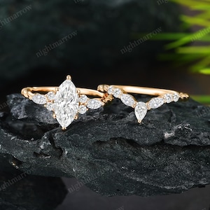 Marquise Cut Lab Grown Diamond Engagement Ring Set Women 10K Yellow Gold Evil Eye Bridal Ring Stack Curved Wedding Band Promise Gift For Her