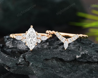 Marquise Cut Lab Grown Diamond Engagement Ring Set 10K/14K Yellow Gold Evil Eye Pave Bridal Ring Stacking Curved Wedding Band Gift For Women