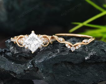 Princess Cut Lab Grown Diamond Engagement Ring Set 14K Yellow Gold Twist Cluster Bridal Ring Stack Curved Wedding Band Promise Gifts For Her