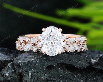 Oval Cut Moissanite Engagement Ring Set Women Solid 10K Rose Gold Propose Promise Ring Stack Straight Wedding Band Anniversary Gifts For Her