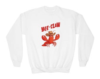 Yee-Claw Lobster Cowboy Youth Crewneck Sweatshirt | Cute Country Nautical Kids Top