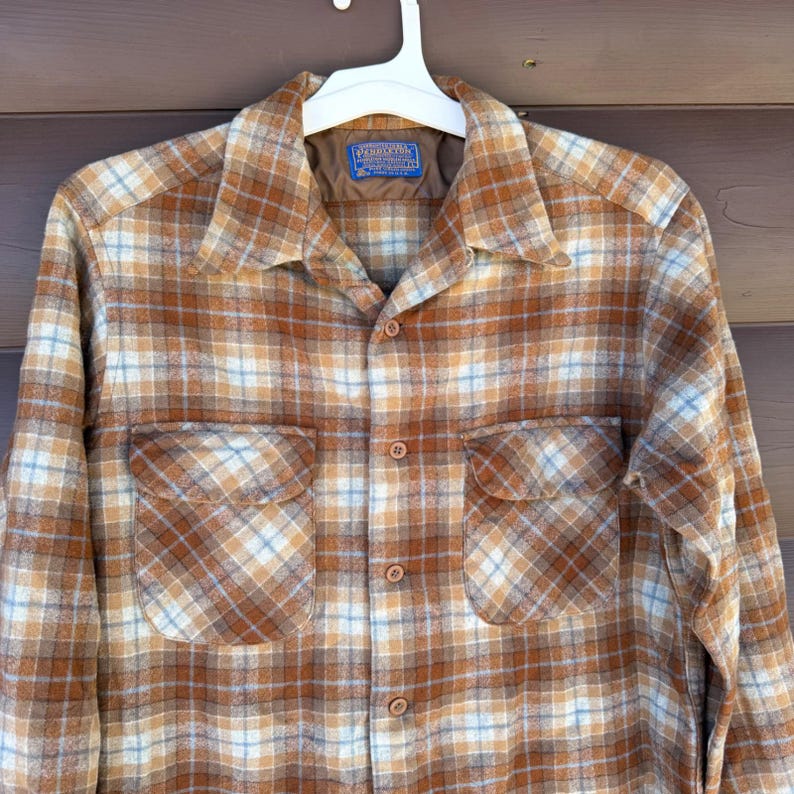 Vtg 70s Pendleton Plaid Flannel Shirt Mens L Brown Virgin Wool Loop Collar USA image 2
