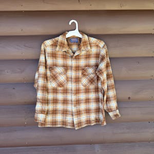 Vtg 70s Pendleton Plaid Flannel Shirt Mens L Brown Virgin Wool Loop Collar USA image 1