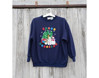 Vintage Nussknacker Sweatshirt Damen Sz L Blau Weihnachten Schneemann Frohe Feiertage