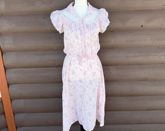 Vintage 70s Oops California Prairie Dress Lace Yoke Floral Pink Pastel Boho M