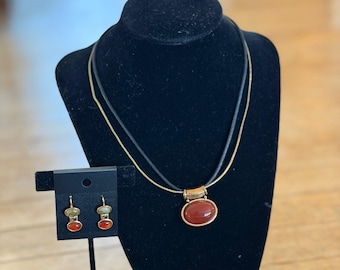 Vintage ROMAN Two-sided Pendant Genuine Carnelian & Unakite Necklace Earring Set