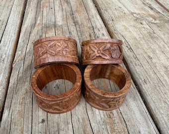 Vtg IEH Hand Carved Wood Napkin Rings Set of 4 Brown Floral Boho Dining