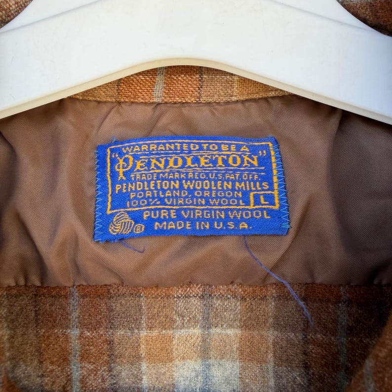 Vtg 70s Pendleton Plaid Flannel Shirt Mens L Brown Virgin Wool Loop Collar USA image 3