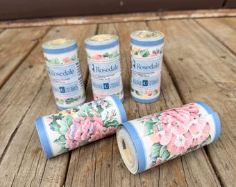 Cenefa de papel pintado floral Rosedale vintage, 5 rollos, azul, rosa, peonía, estilo vintage.