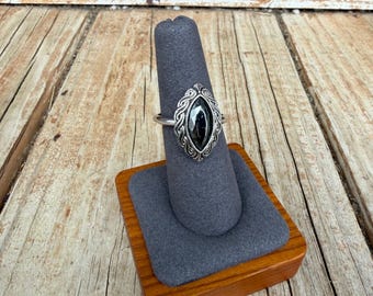 Whimsigoth Vintage Avon Ring  Black Onyx Style Marquise Gothic Ornate Silver 8.5