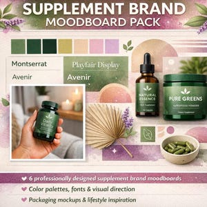 Könnte beinhalten: Ein Moodboard-Paket für eine Supplementmarke mit Farbauswahl, Schriftarten und visueller Ausrichtung. Das Bild zeigt Supplementflaschen und -gläser mit den Aufschriften "Daily Vitality", "Natural Essence" und "Pure Greens". Das Design umfasst ein getrocknetes Palmblatt und Lavendelzweige.