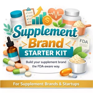 May include: A colorful graphic promoting a supplement brand starter kit. The image includes bottles, capsules, and powder, with text that reads "Supplement Brand STARTER KIT" and "For Supplement Brands & Startups."