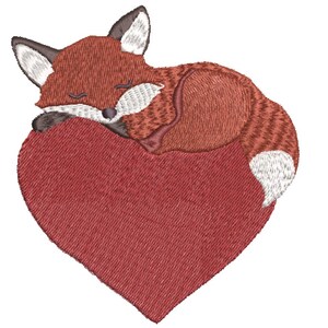 May include: An embroidered design featuring a sleeping fox with brown and white fur, resting on a large red heart. The fox is curled up, with its eyes closed. The heart is a solid, textured red.
