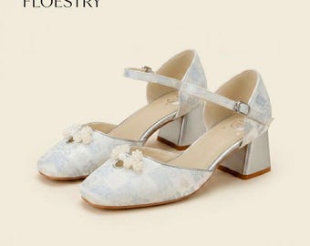 Mother's Day Gift | Eastern Luxury Jacquard Mary Janes, Elegant Floral Block Heels, Handcrafted Sheepskin Lining Shoes, Gift for Mom