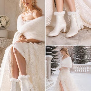 Peut inclure: Bottines blanches &agrave; talon bloc, dot&eacute;es d'une bordure en fausse fourrure au col et d'une fermeture &eacute;clair lat&eacute;rale. Les bottines pr&eacute;sentent une finition textur&eacute;e et sont assorties &agrave; une longue robe en dentelle et une &eacute;tole en fausse fourrure.