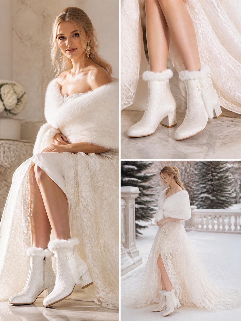 Peut inclure: Bottines blanches &agrave; talon bloc, dot&eacute;es d'une bordure en fausse fourrure au col et d'une fermeture &eacute;clair lat&eacute;rale. Les bottines pr&eacute;sentent une finition textur&eacute;e et sont assorties &agrave; une longue robe en dentelle et une &eacute;tole en fausse fourrure.