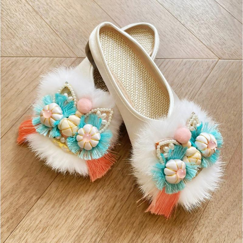 Chaussons D'intérieur Femme Faits Main, Tricot Blanc Crème Avec Perles - Tailles 36/37/38, Confort Douillet