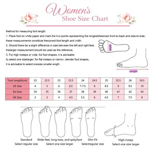 Peut inclure: Un tableau des pointures intitul&eacute; Women's Shoe Size Chart avec des instructions pour mesurer la longueur du pied en centim&egrave;tres. Il comprend un tableau comparant les tailles US, EU et UK pour des longueurs de 22 &agrave; 26,5 cm et des sch&eacute;mas.