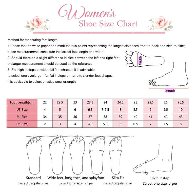Peut inclure: Un tableau des pointures intitul&eacute; Women's Shoe Size Chart avec des instructions pour mesurer la longueur du pied en centim&egrave;tres. Il comprend un tableau comparant les tailles US, EU et UK pour des longueurs de 22 &agrave; 26,5 cm et des sch&eacute;mas.