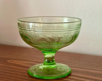 Vintage 1930s Hazel Atlas Cloverleaf Green Glowing Depression Glass Sherbet Cup Footed Cocktail, Sold Individually