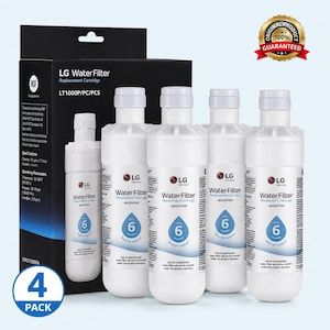 May include: A four-pack of white LG water filter replacement cartridges, model LT1000P/PC/PCS, featuring a blue water drop graphic with the text 6 months must be replaced. The black product box displays specifications and NSF certification details.