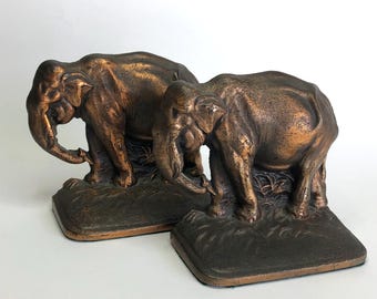 Vintage Cast Iron Elephant Bookends with Copper Finish