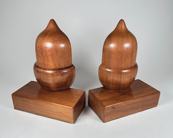 Acorn Shaped Carved Wood Bookends